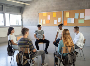 Group of multi-ethnic students sitting in a circle in a classroom while talking about their emotions. Emotional education, assembly, high school. High quality photo