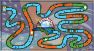 Gameboard with a multicolored path that leads to "climatopia", with a background of an amalgamation of various disaster depictions
