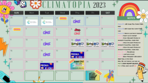 Green calendar labeled 'Climatopia 2023' decorated with flowers and rainbows.