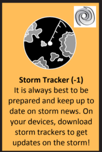 Orange card describing the 'Storm Tracker' resource card, with a hurricane icon on the top right corner