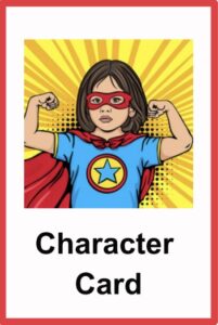 Front of Fall 2023 Character Card with young girl dressed as a super hero flexing her arms. 