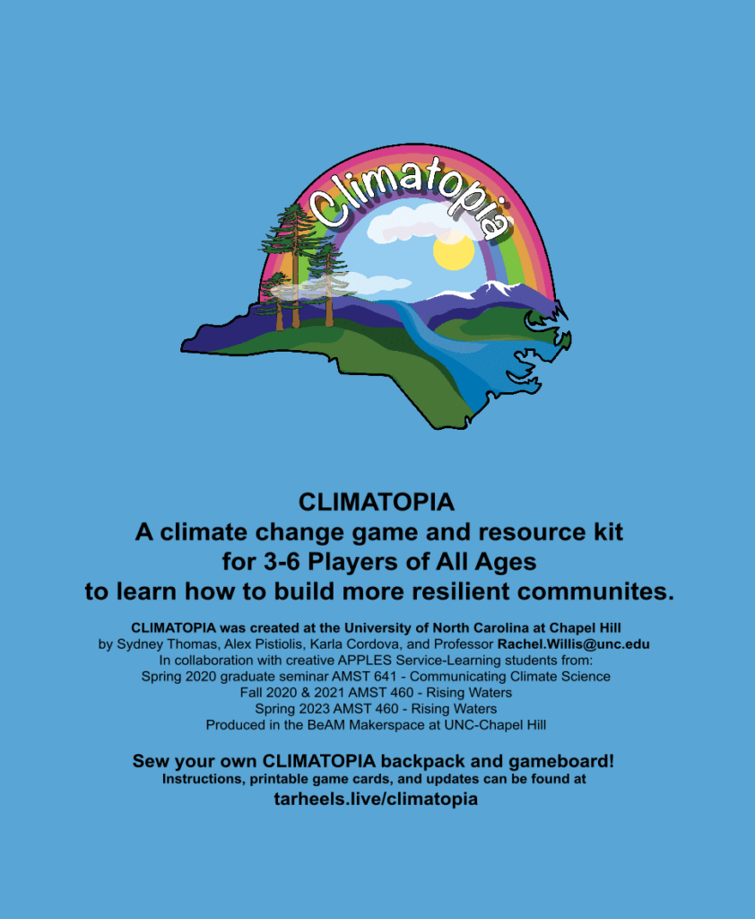 Bag front with Climatopia logo & description for the game against a blue background.