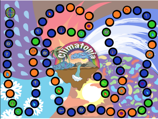 Climatopia Game Board Design showing different climate related disasters in the background