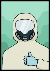 Game card with man in hazmat suit colored in with green background