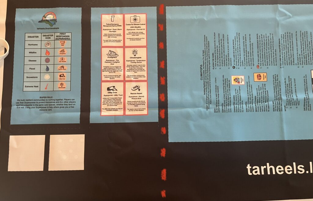Climatopia fabric with the game piece bag and game rules separated by a red dotted line