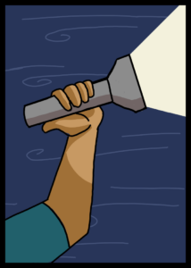 Game card of man holding flashlight colored in