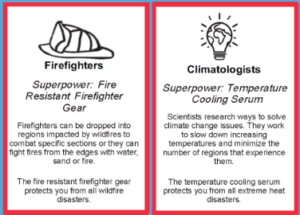 The back of the Firefighter and Climatologist character cards. 