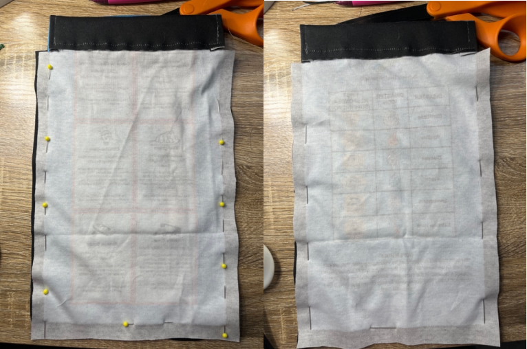 Side by side pictures of the inward face game design bags on top of each other with pins holding them together