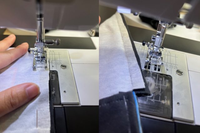 Side by side pictures. In both of them, the face down game design bag is being stitched at the top of the bag along the black border