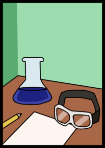Game card with pencil, goggles, and Erlenmeyer flask on desk