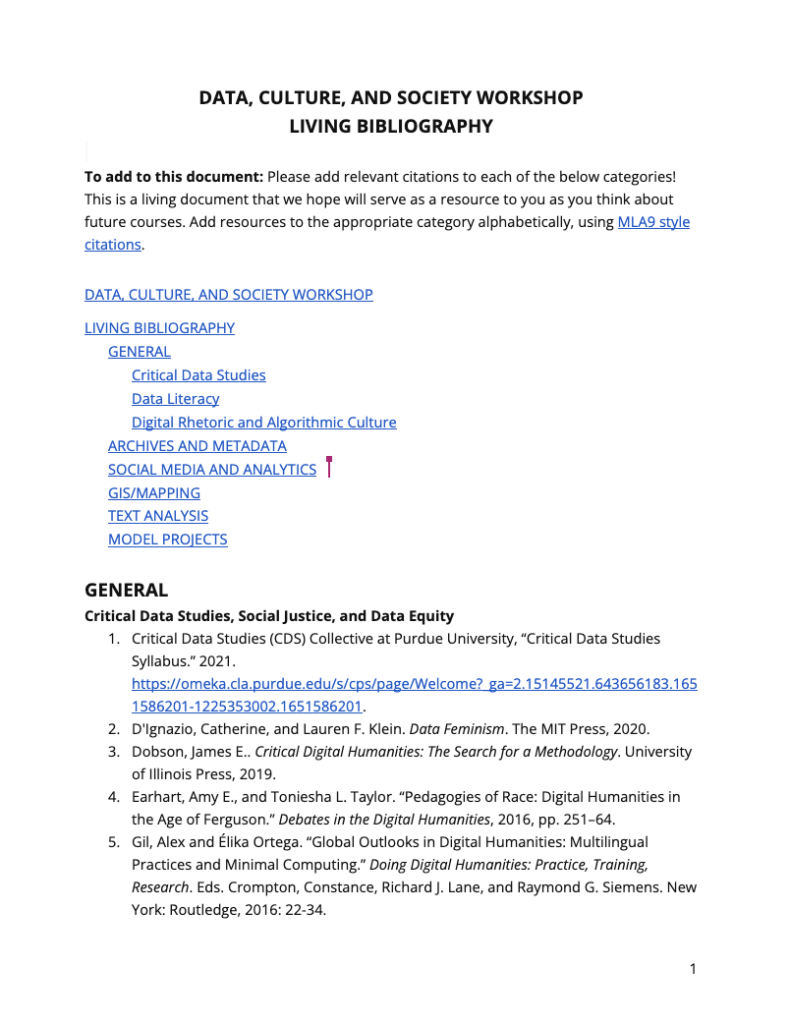 screenshot of first page of Living Bibliography Google doc