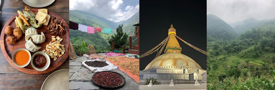 If there’s no momo, then it’s a nono and we won’t gogo. Produce being dried in a village. Boudhanath Stupa under the night sky. Rice fields in Pokhara.
