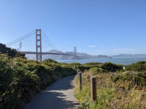 The view of the Golden Gate bridge from the hiking trails near Crissy Field