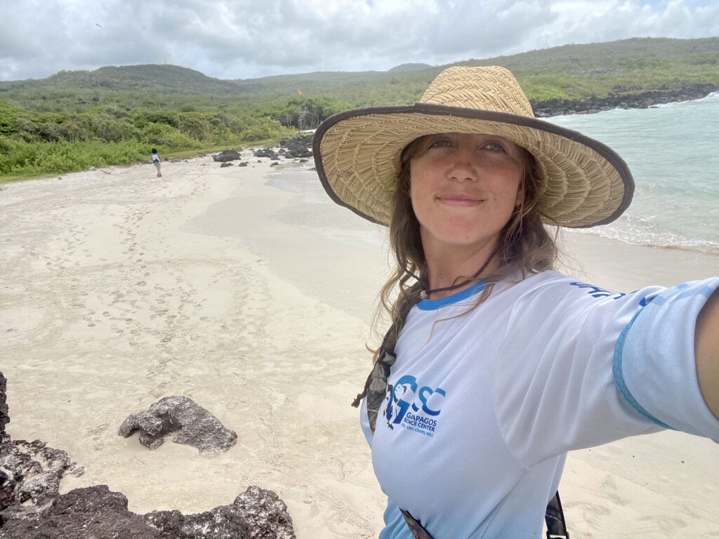 Selfie of Alice Skehel on the beach in Galapagos