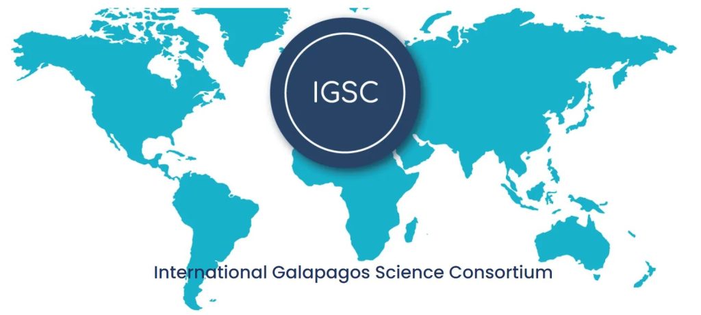Blank world map with a circle graphic in the middle reading "IGSC" and the text "International Galapagos Science Consortium" printed at the bottom.