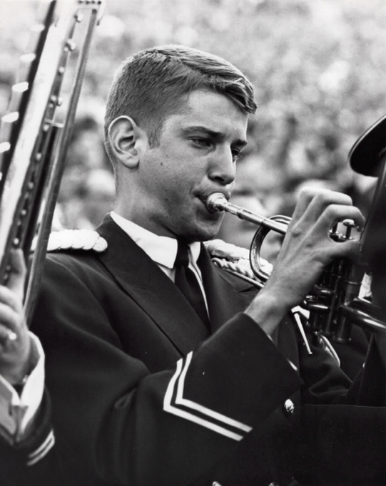 Ed Nicholson playing trumpet with the Marching Tar Heels as an undergraduate student.