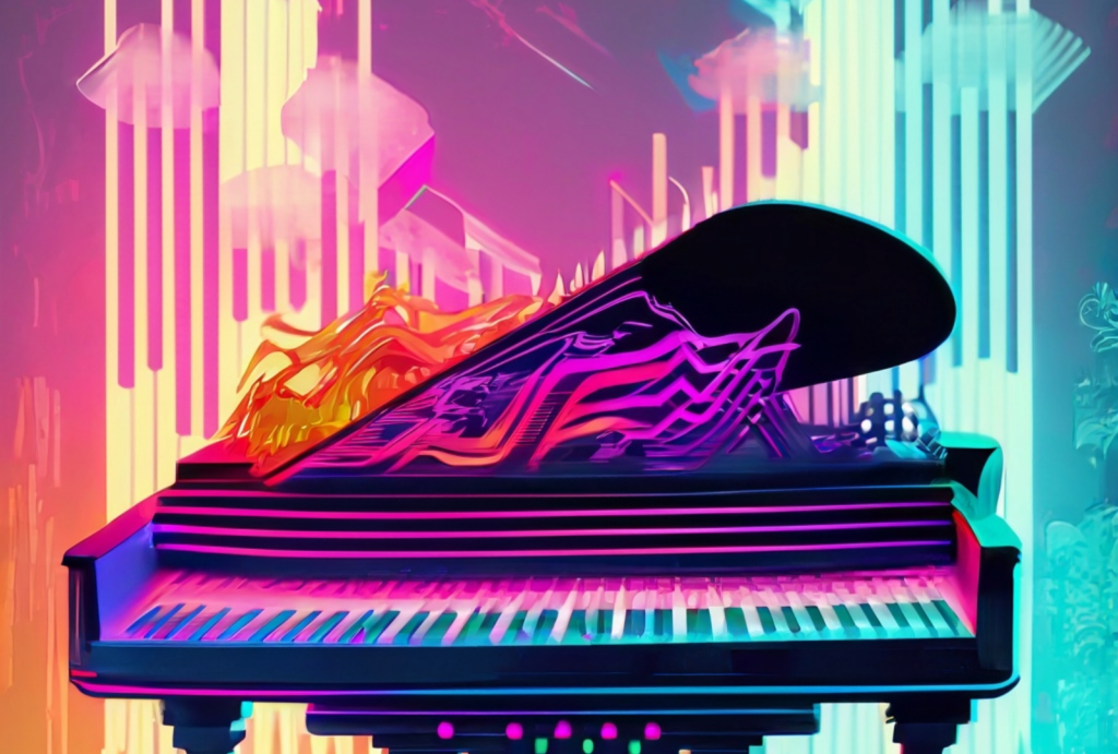 AI generated image of a piano with mulitcolored soundwaves surrounding it