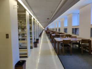 View of the stacks and study tables in the new Music Library space.