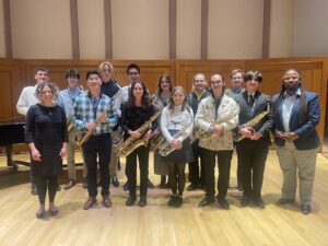 UNC Saxophone Studio after their Fall 2023 studio recital in Moeser Auditorium.