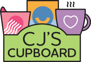 Logo for CJ's Cupboard. A green basket with the words CJ's Cupboard in all caps holds three food items. The first item, starting from the left, is a pink noodle takeout container that is decorated with a darker pink circle and white lines streaming out of the circle to the bottom-left of the container. The second item is a yellow cereal box with a dark blue smiley face over light blue color that spans the bottom half of the cereal box. Lastly, a purple mug with a drawing of a white heart shows steam rising from it.