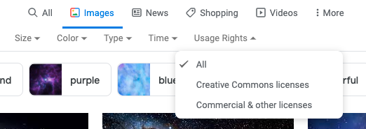 Screen shot of Google image search with the Tools menu