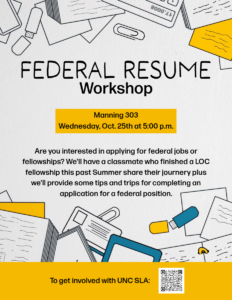 Flyer for the 2023 Federal Resume Review Workshop held by SLA at UNC.