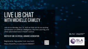 A digital flyer to promote SLA's conversation with Michelle Cawley as a part of the 2023 boards Live Lib Chat series.