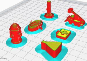3D virtual designs of all 6 game pieces set in a virtual grid