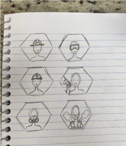 6 pencil drawings of hexagons, each with a humanoid figure representing a character