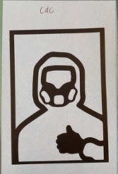 White card with a drawing of a simple humanoid figure wearing a hazmat and showing the thumbs-up sign