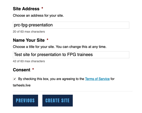 create a site site name details